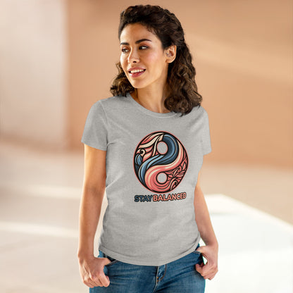 Women's Premium Harmony Threads: Embrace Equilibrium with 'Stay Balanced' Yin-Yang Tee