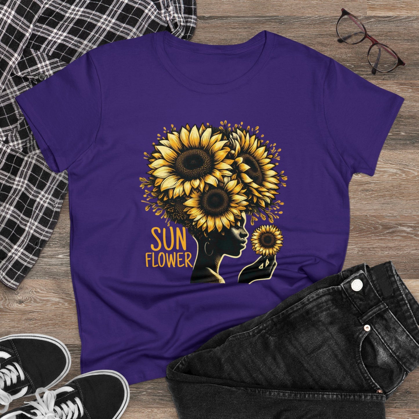 Radiant Majesty: Sunflower Goddess Midweight Cotton Tee