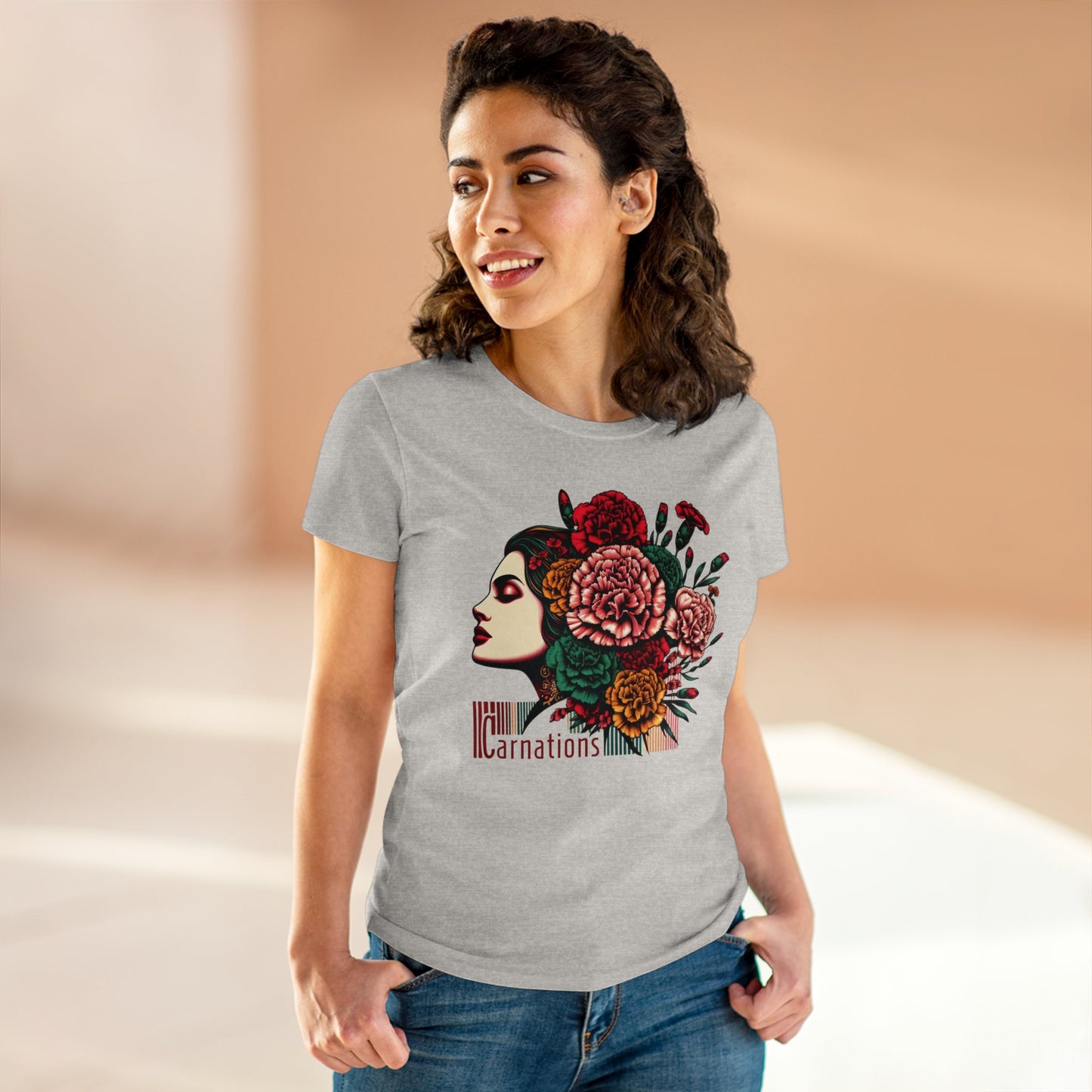 Petals and Poise: Carnation Lady Graphic Midweight Cotton Tee