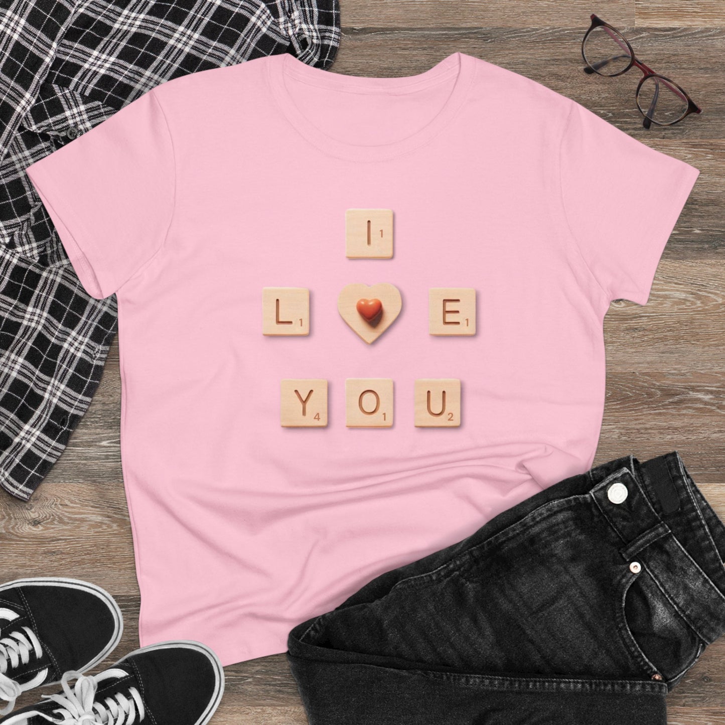 Tile Talk: Women's 'I Love You' Scrabble Graphic Tee - Spellbound Affection! Midweight Cotton Tee