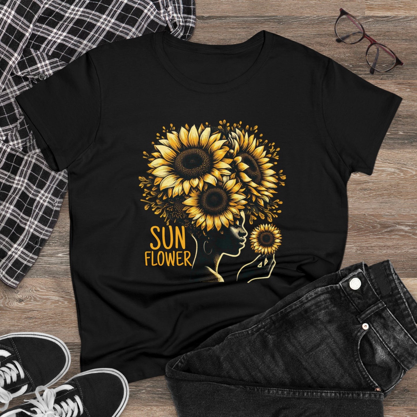 Radiant Majesty: Sunflower Goddess Midweight Cotton Tee