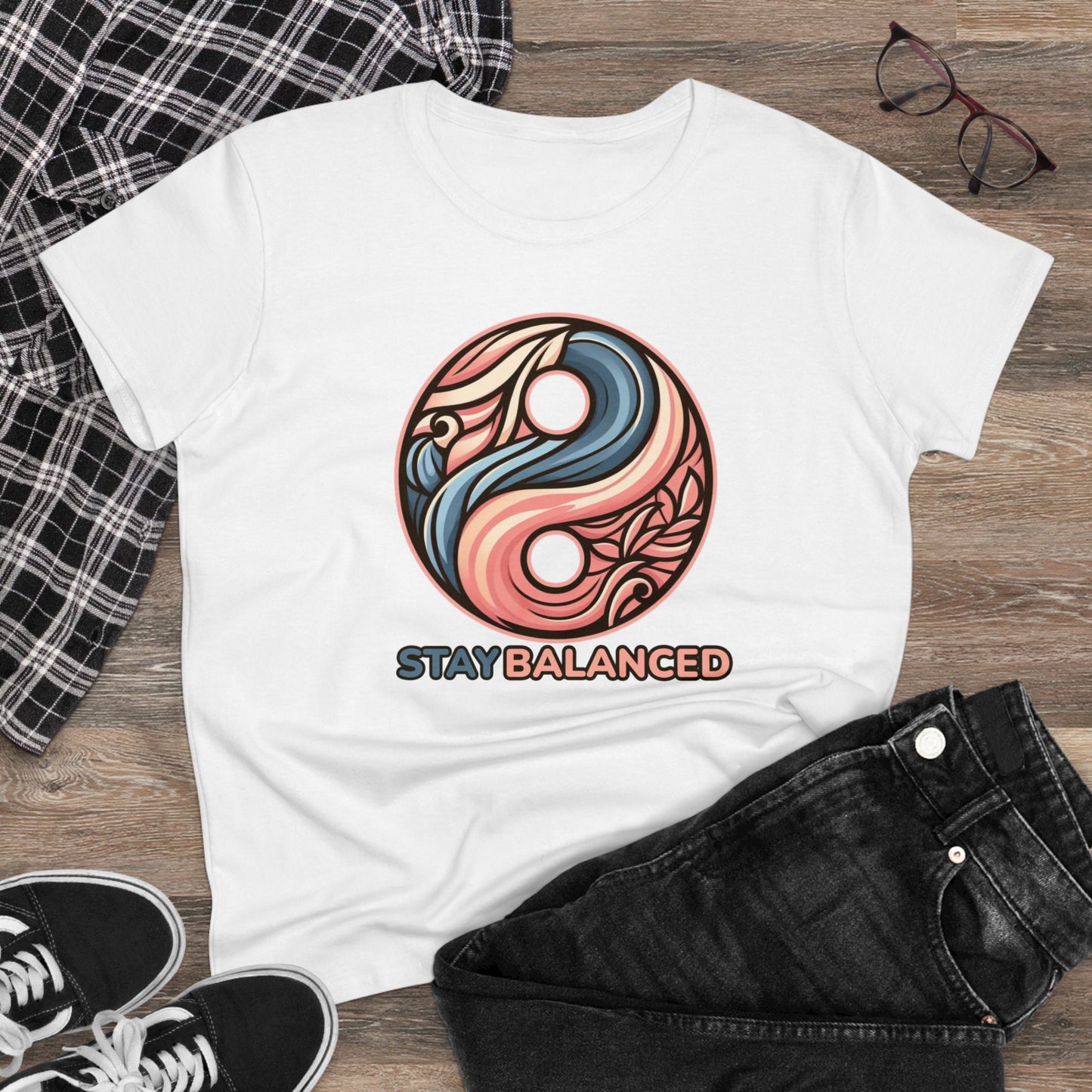 Women's Premium Harmony Threads: Embrace Equilibrium with 'Stay Balanced' Yin-Yang Tee