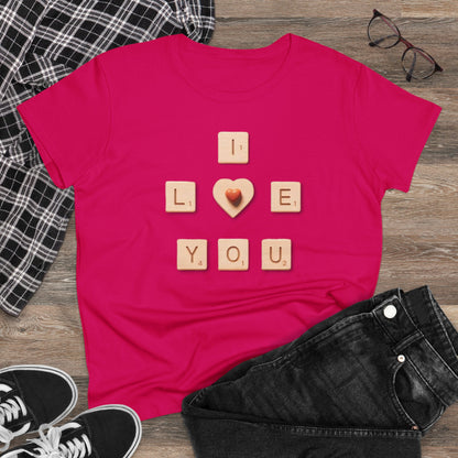 Tile Talk: Women's 'I Love You' Scrabble Graphic Tee - Spellbound Affection! Midweight Cotton Tee