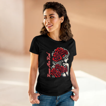 Rosy Radiance: Floral Femme Fatale Women's Midweight Cotton Tee