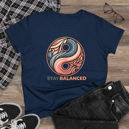 Women's Premium Harmony Threads: Embrace Equilibrium with 'Stay Balanced' Yin-Yang Tee