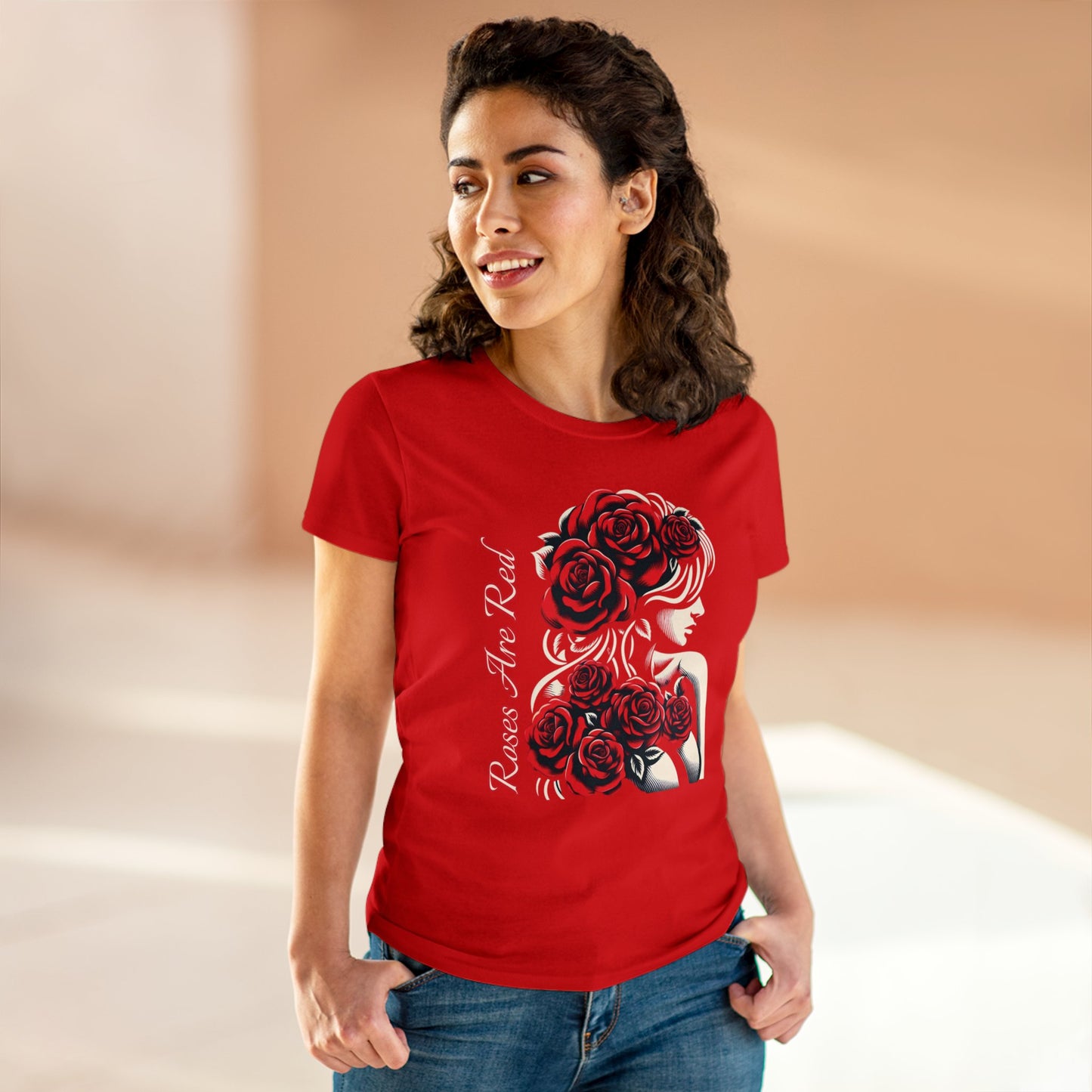 Rosy Radiance: Floral Femme Fatale Women's Midweight Cotton Tee