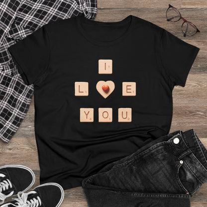 Tile Talk: Women's 'I Love You' Scrabble Graphic Tee - Spellbound Affection! Midweight Cotton Tee