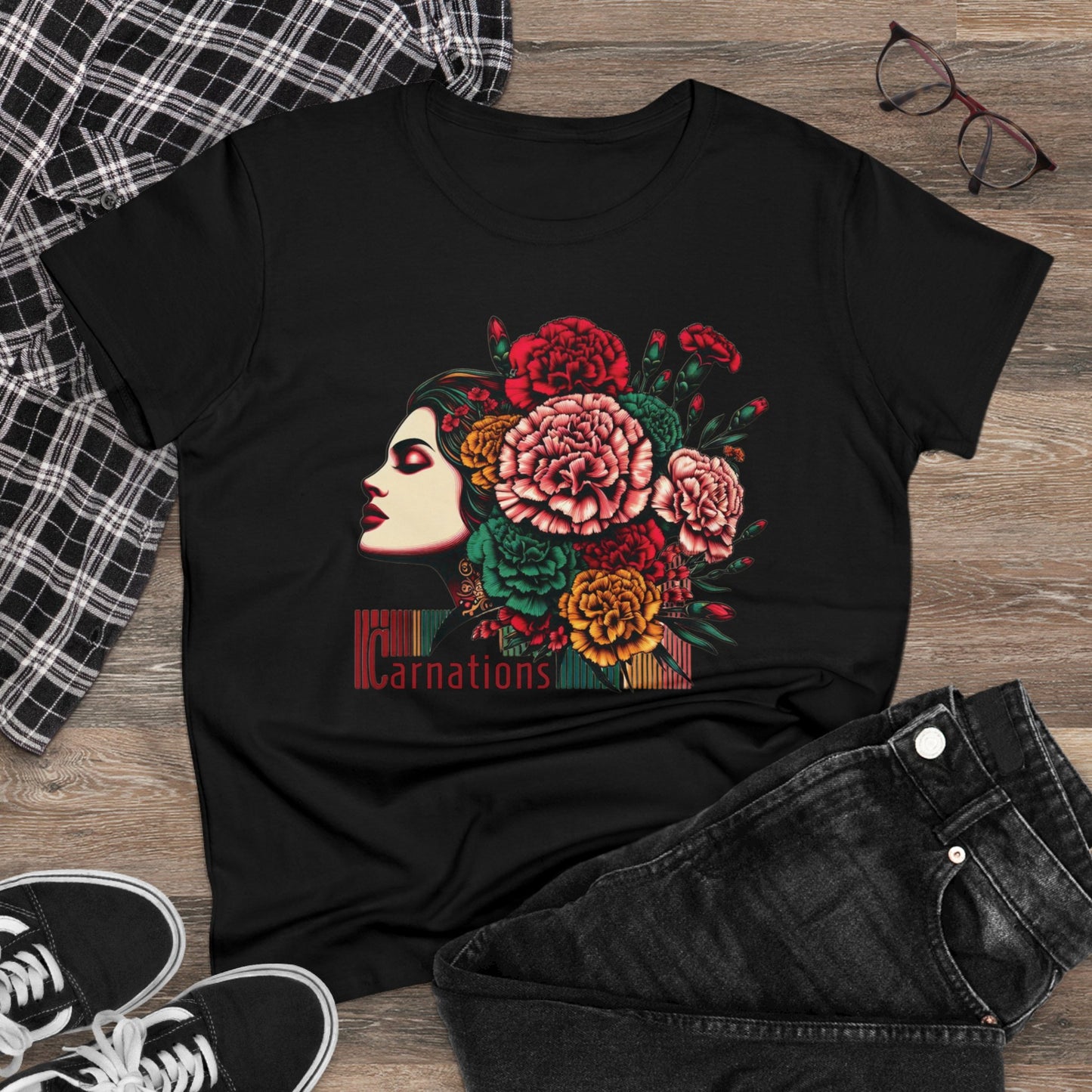Petals and Poise: Carnation Lady Graphic Midweight Cotton Tee