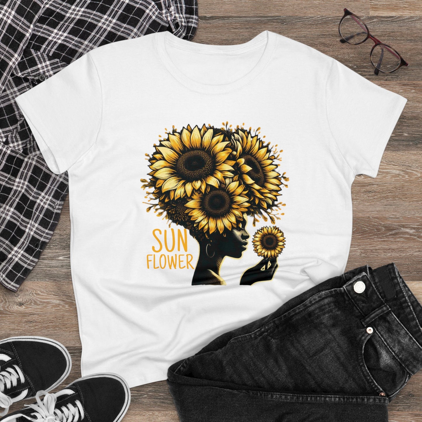 Radiant Majesty: Sunflower Goddess Midweight Cotton Tee