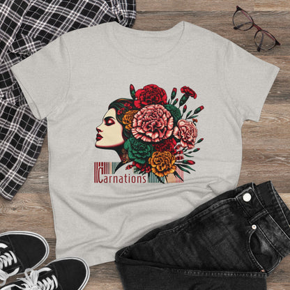 Petals and Poise: Carnation Lady Graphic Midweight Cotton Tee