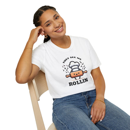 Rolling in Laughter: The Giggle Baker's Weapon of Choice Tee They See Me Rollin Tee