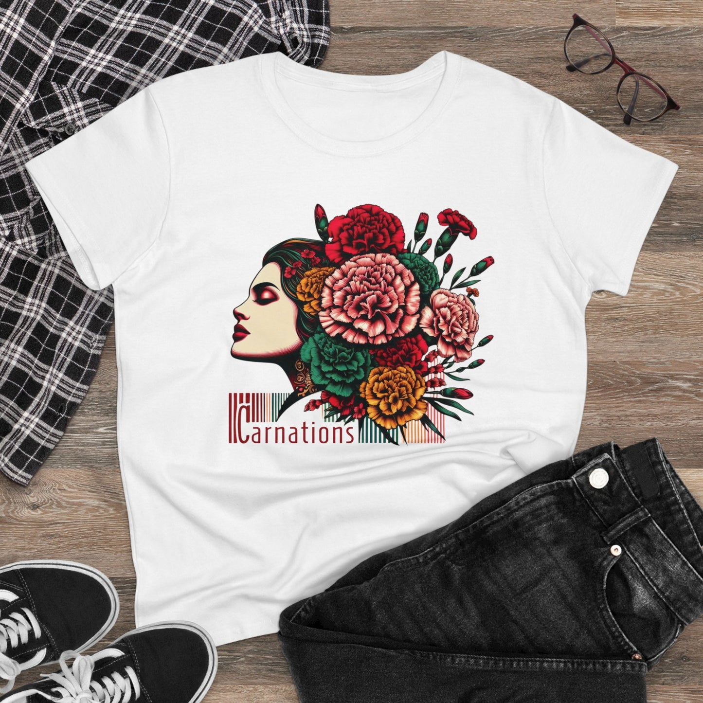Petals and Poise: Carnation Lady Graphic Midweight Cotton Tee