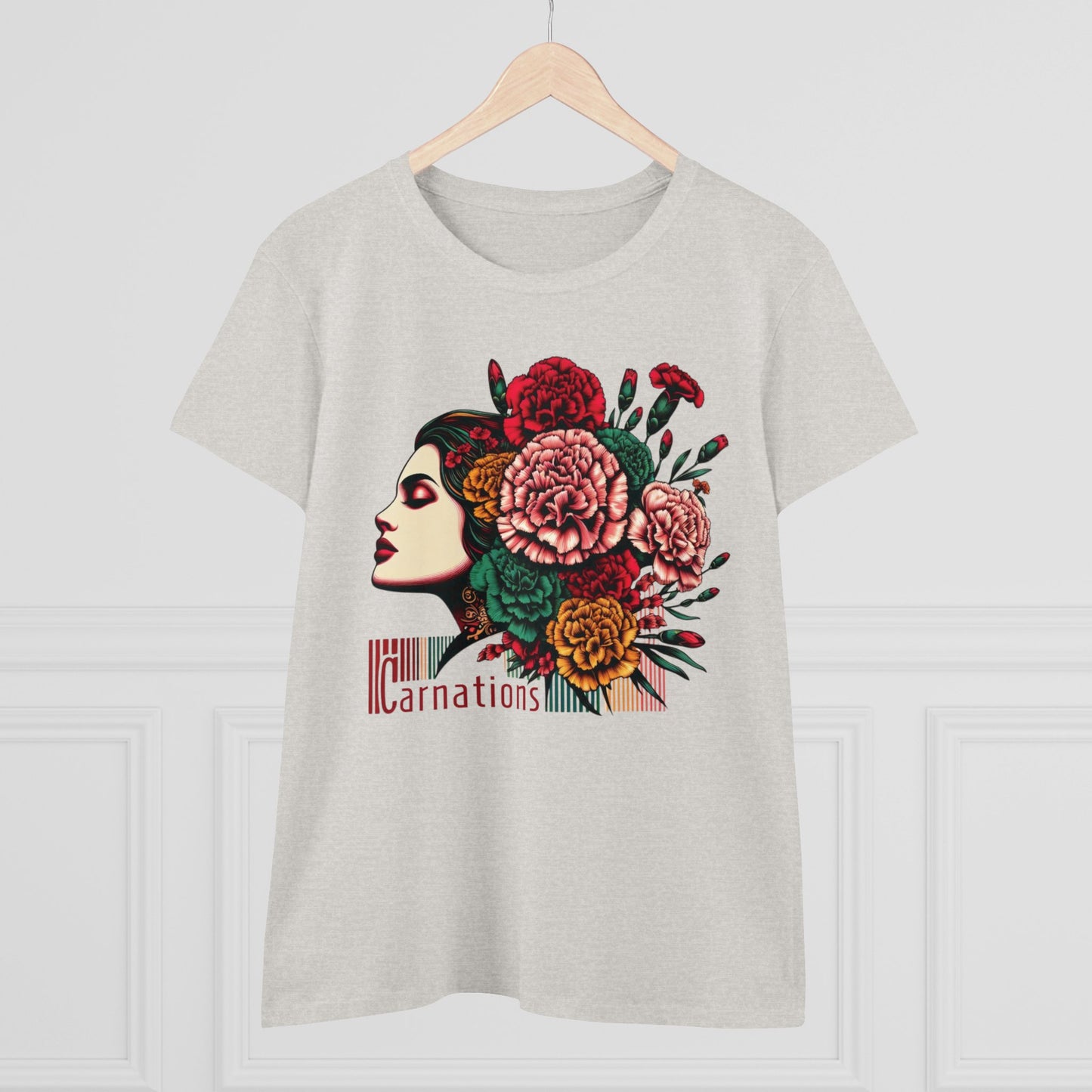 Petals and Poise: Carnation Lady Graphic Midweight Cotton Tee