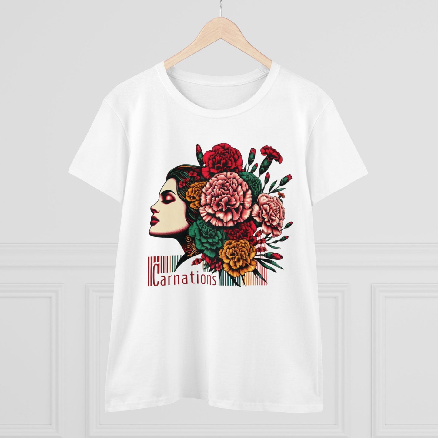 Petals and Poise: Carnation Lady Graphic Midweight Cotton Tee