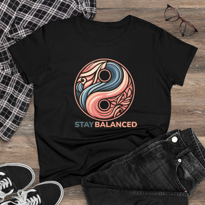 Women's Premium Harmony Threads: Embrace Equilibrium with 'Stay Balanced' Yin-Yang Tee