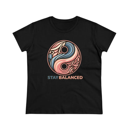 Women's Premium Harmony Threads: Embrace Equilibrium with 'Stay Balanced' Yin-Yang Tee