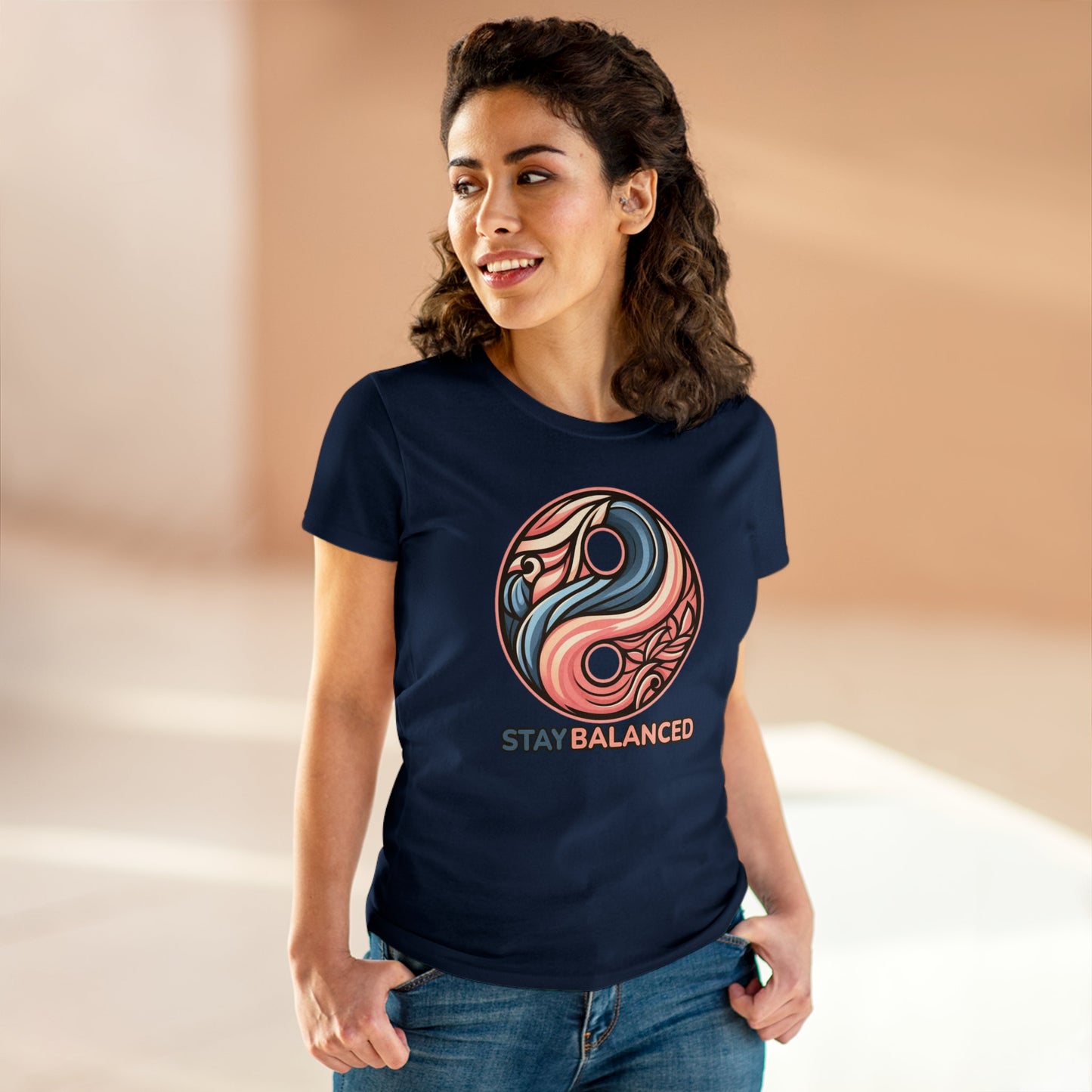 Women's Premium Harmony Threads: Embrace Equilibrium with 'Stay Balanced' Yin-Yang Tee