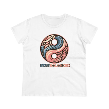 Women's Premium Harmony Threads: Embrace Equilibrium with 'Stay Balanced' Yin-Yang Tee