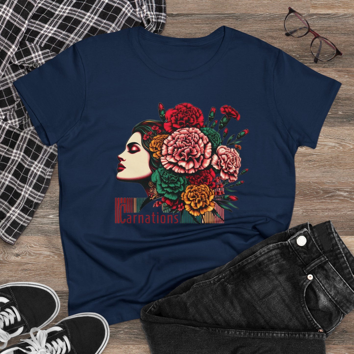 Petals and Poise: Carnation Lady Graphic Midweight Cotton Tee