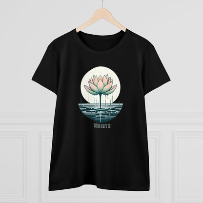 Blossoming Beauty, Women's Cotton Graphic T-Shirt with Lotus Flower Embrace and Rebirth Text