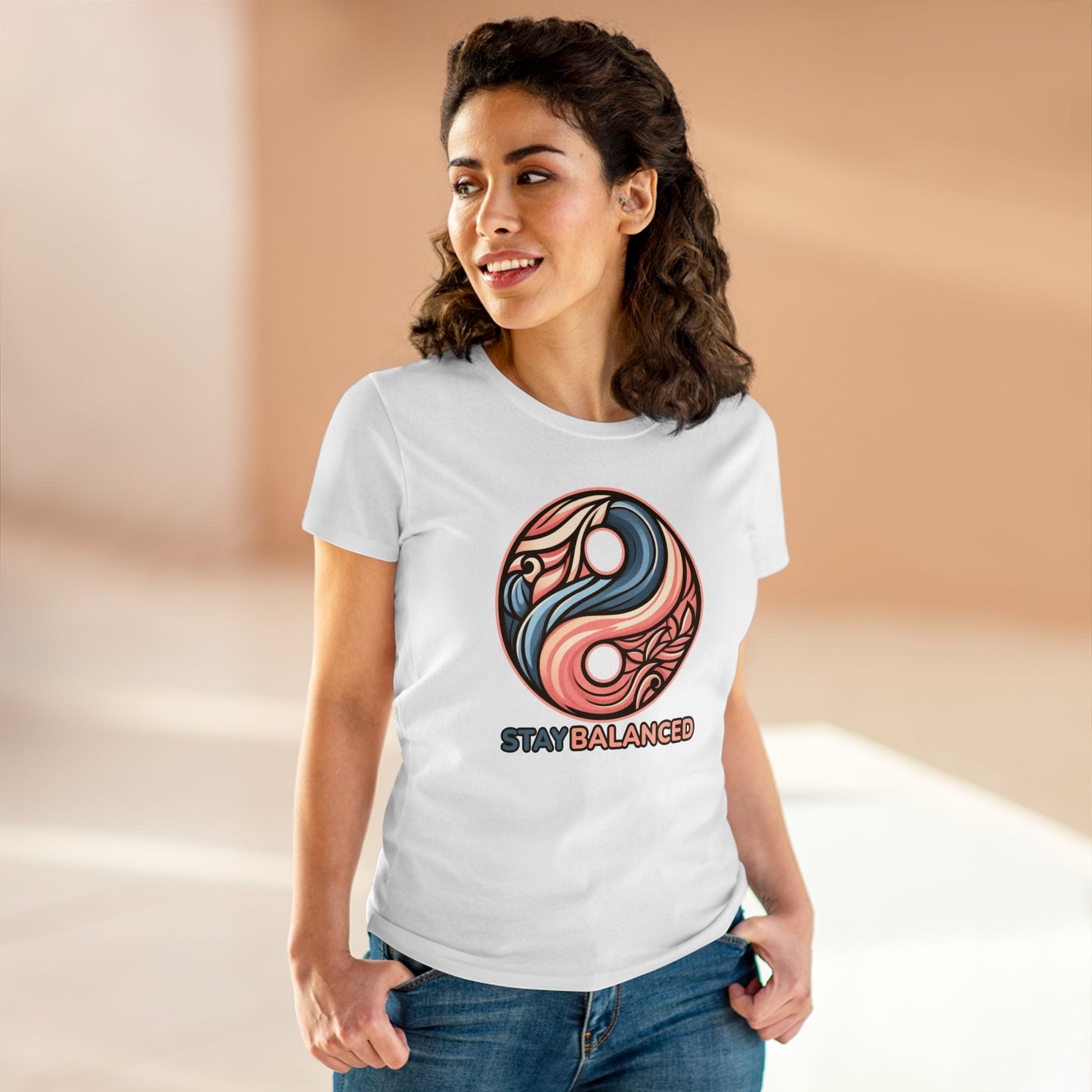 Women's Premium Harmony Threads: Embrace Equilibrium with 'Stay Balanced' Yin-Yang Tee