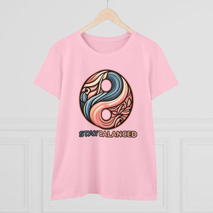 Women's Premium Harmony Threads: Embrace Equilibrium with 'Stay Balanced' Yin-Yang Tee