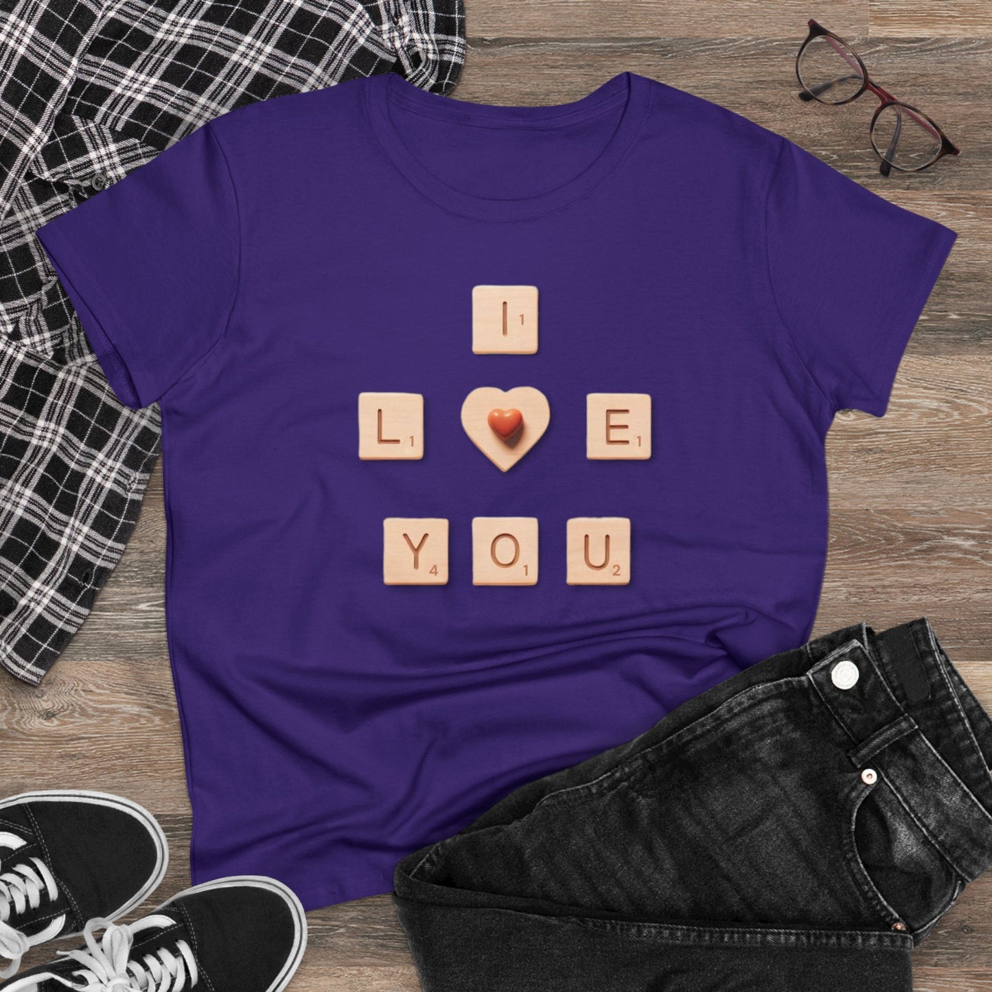 Tile Talk: Women's 'I Love You' Scrabble Graphic Tee - Spellbound Affection! Midweight Cotton Tee