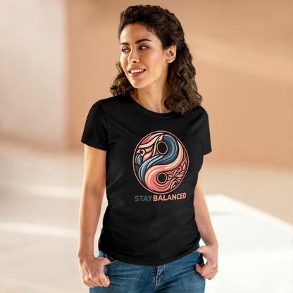 Women's Premium Harmony Threads: Embrace Equilibrium with 'Stay Balanced' Yin-Yang Tee