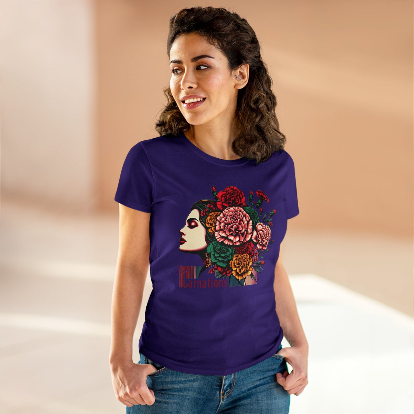 Petals and Poise: Carnation Lady Graphic Midweight Cotton Tee