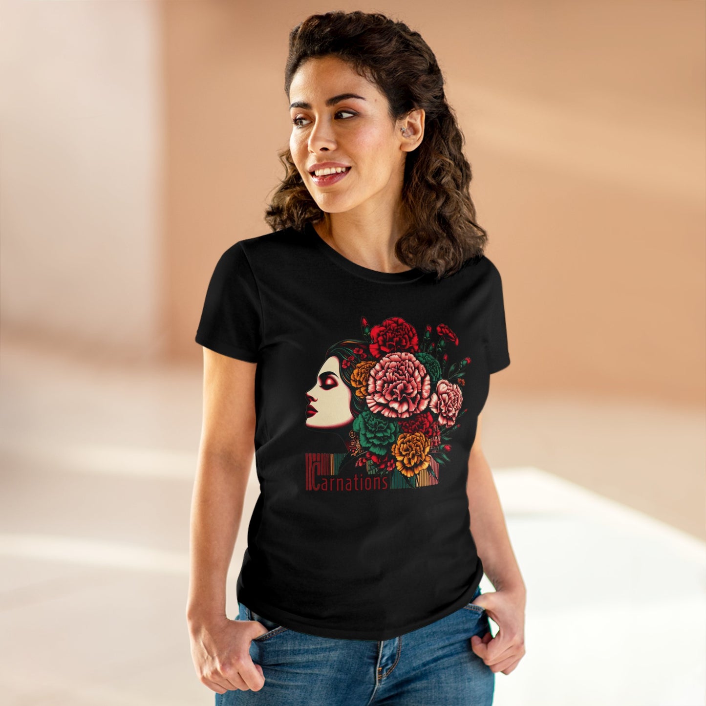 Petals and Poise: Carnation Lady Graphic Midweight Cotton Tee