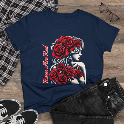 Rosy Radiance: Floral Femme Fatale Women's Midweight Cotton Tee