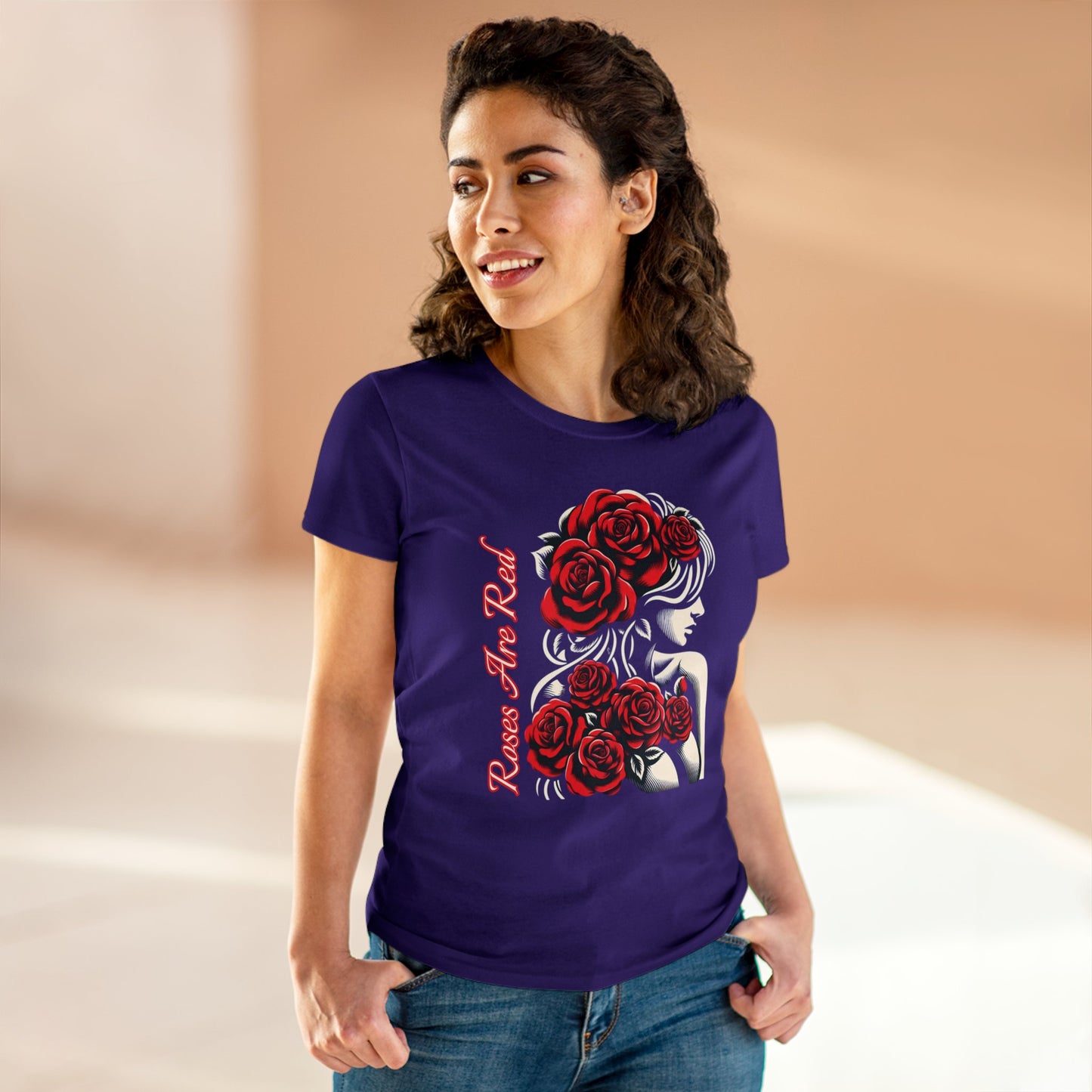 Rosy Radiance: Floral Femme Fatale Women's Midweight Cotton Tee