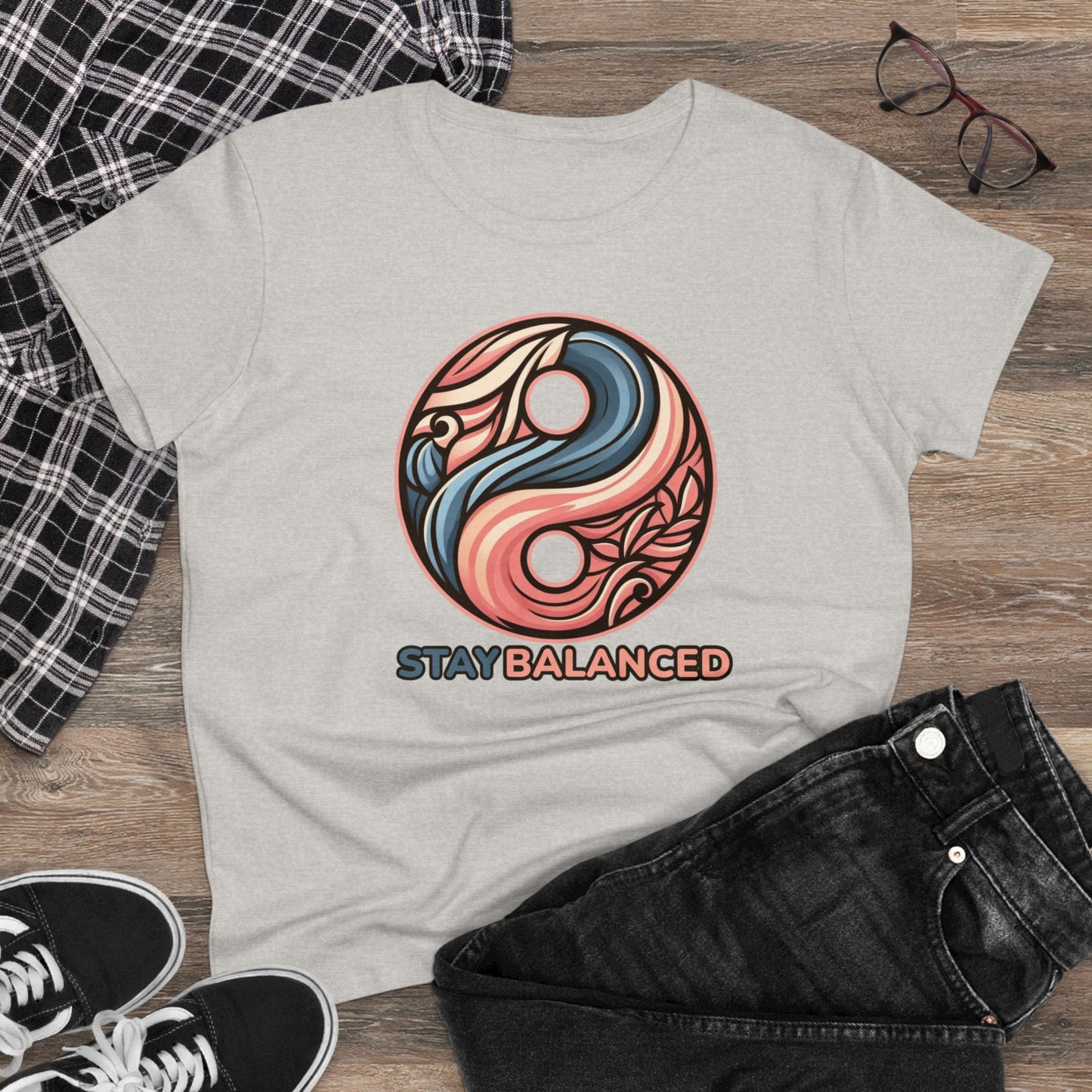 Women's Premium Harmony Threads: Embrace Equilibrium with 'Stay Balanced' Yin-Yang Tee