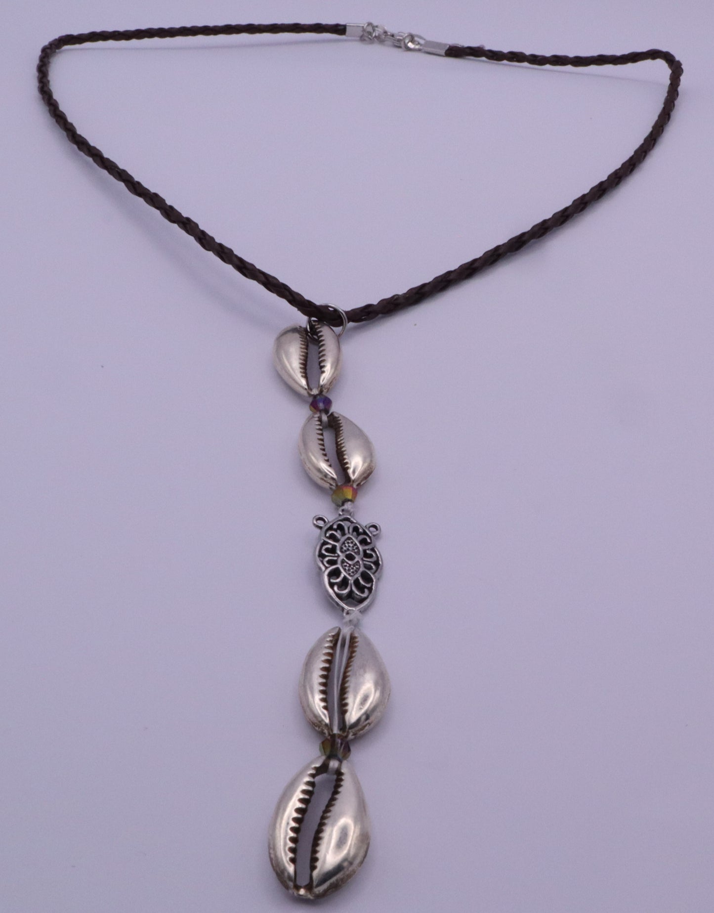 Metal Sea Shell with Brown Twine Necklace