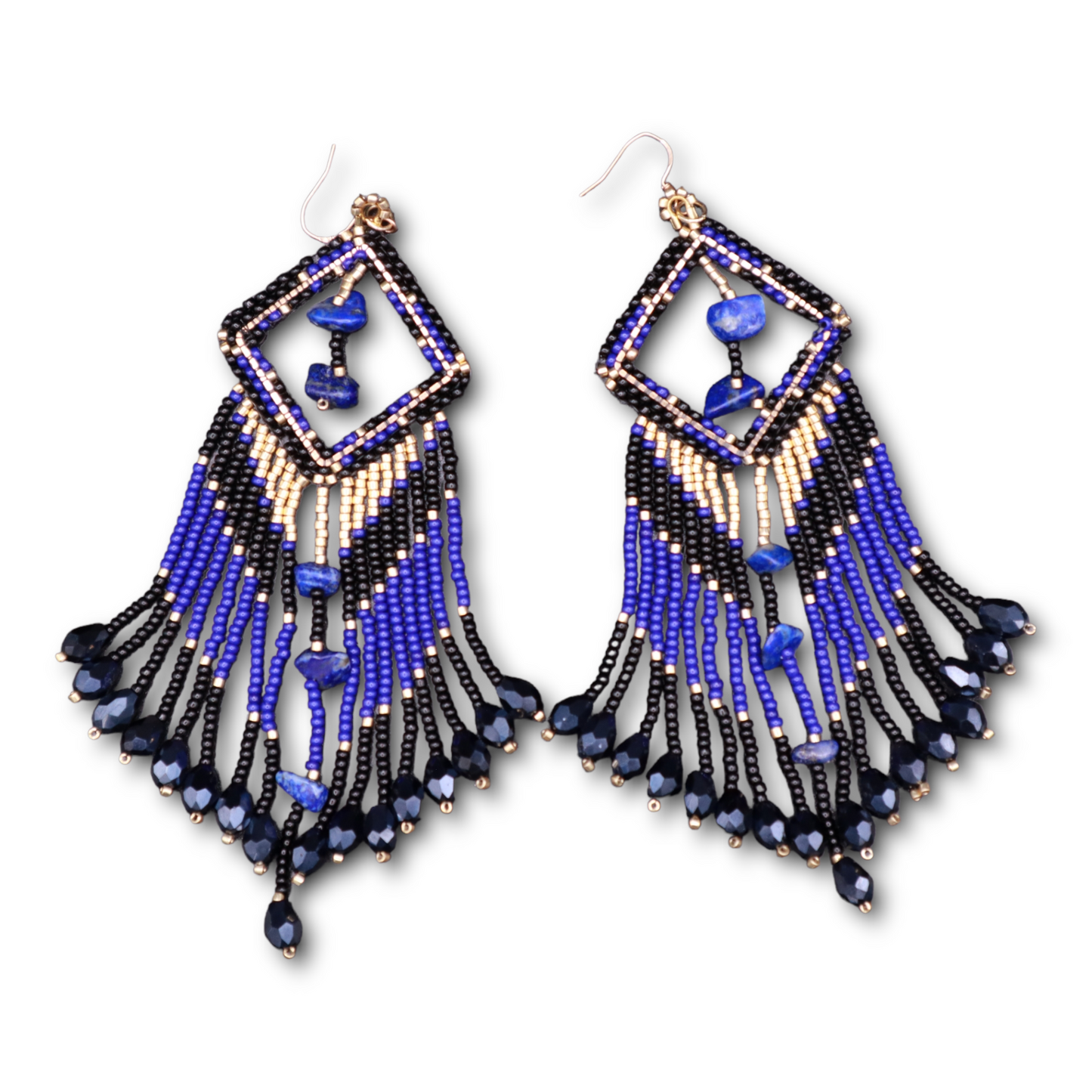 Elegant beaded fringe earrings,Blue, black and Good color with rock. Gift for her.