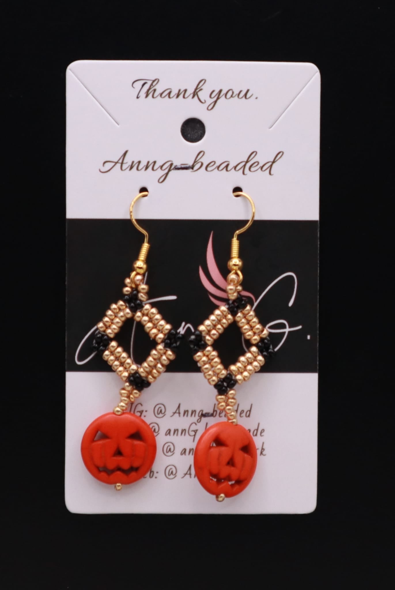 Diamond shaped Beaded Earrings w/pumpkin pendant 2pc