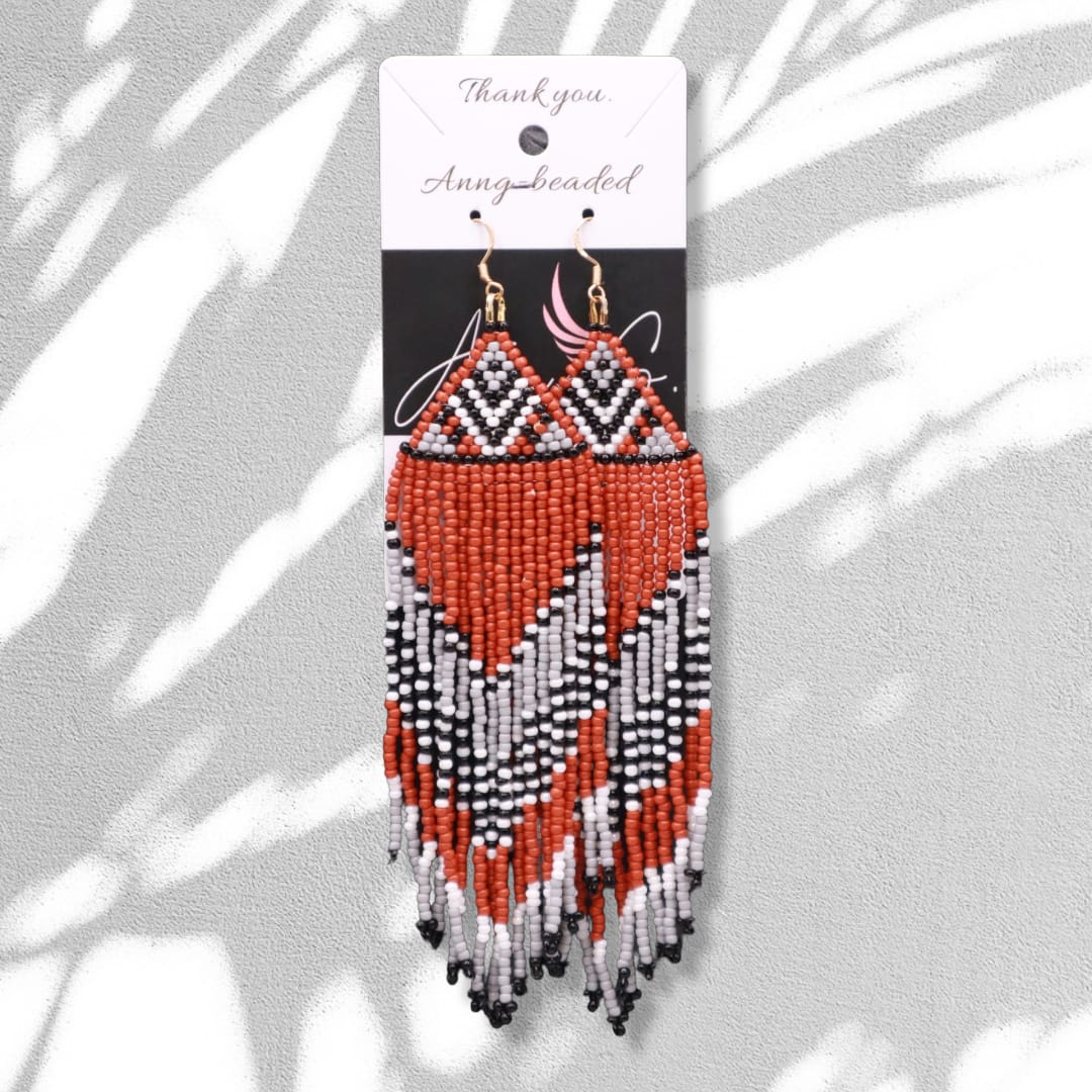 Fringe Seed Bead Earrings, Orange and Black Very Long Beaded Earrings, Long buying Boho Fringe Dangly Earrings