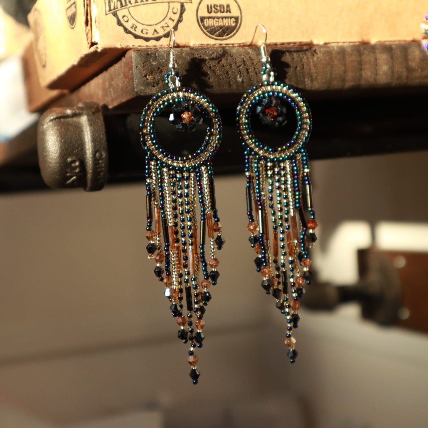 Beaded fringe earrings with metallic peacock seed bead earrings beadwork jewelry