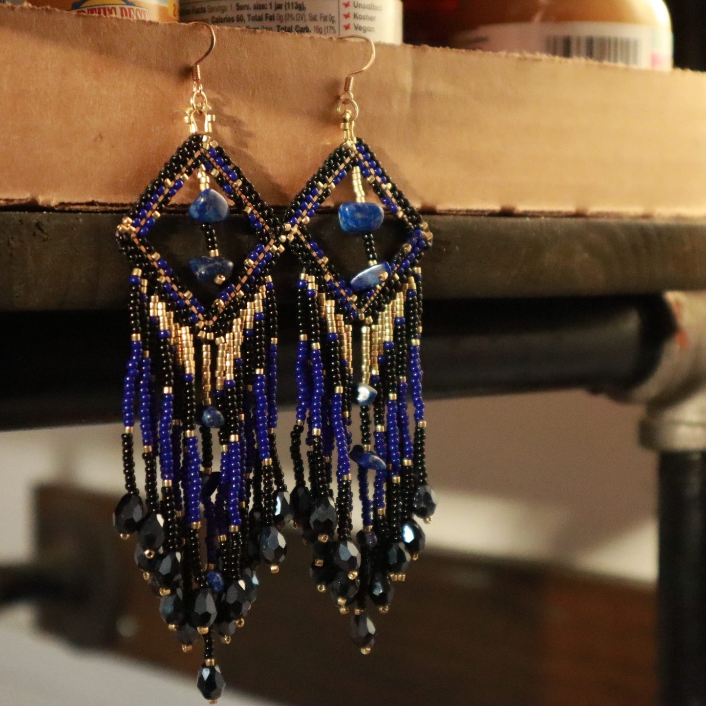Elegant beaded fringe earrings,Blue, black and Good color with rock. Gift for her.