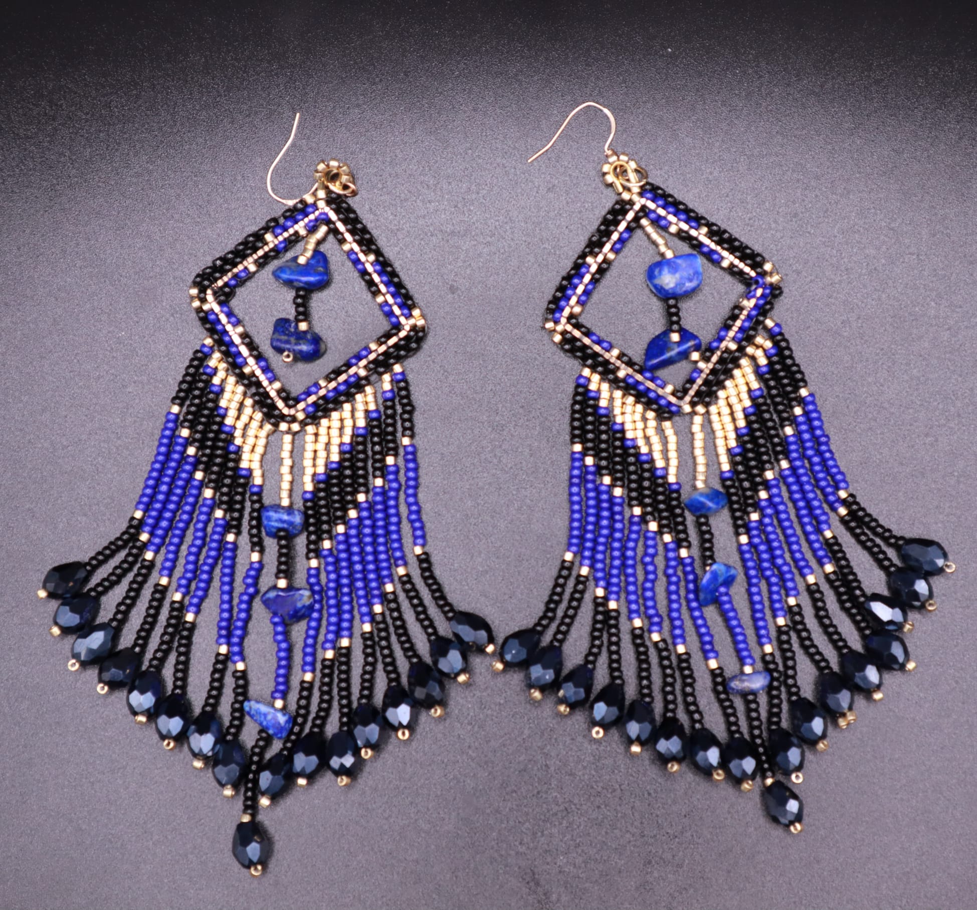 Elegant beaded fringe earrings Blue black and Good color with