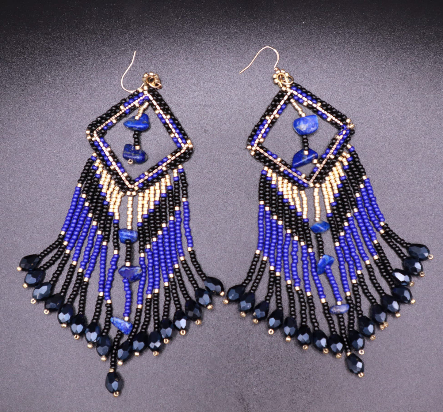 Elegant beaded fringe earrings,Blue, black and Good color with rock. Gift for her.